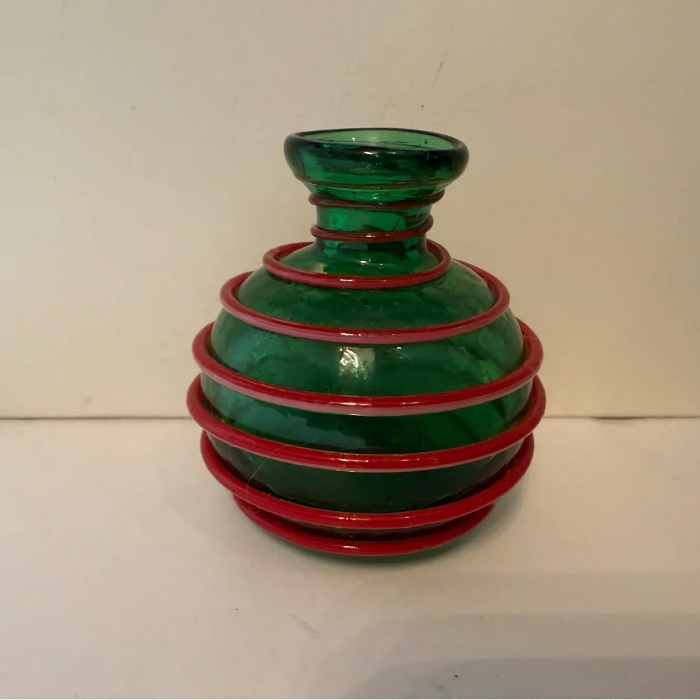 MURANO GLASS VASE HAND BLOWN GREEN RED COIL DESIGN VINTAGE MCM HOME DECOR 3”